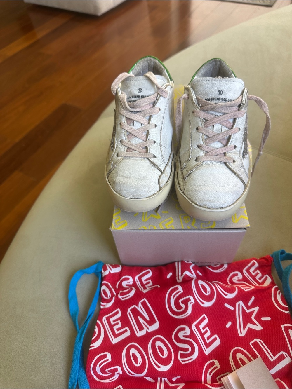 Golden Goose Kids White Leather Sneakers with Pink Laces and Green Trim